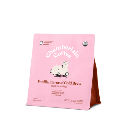 Organic Vanilla Cold Brew Elephant Large Coffee Bags Product Shot Diagonal