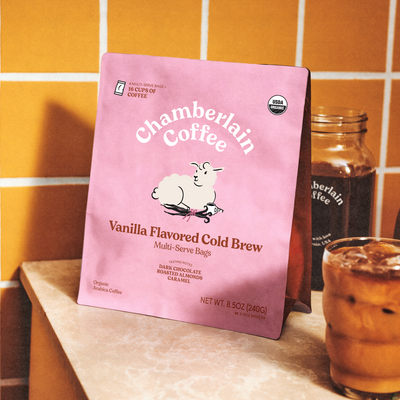 Organic Vanilla Cold Brew Elephant Large Coffee Bags Lifestyle Shot Diagonal